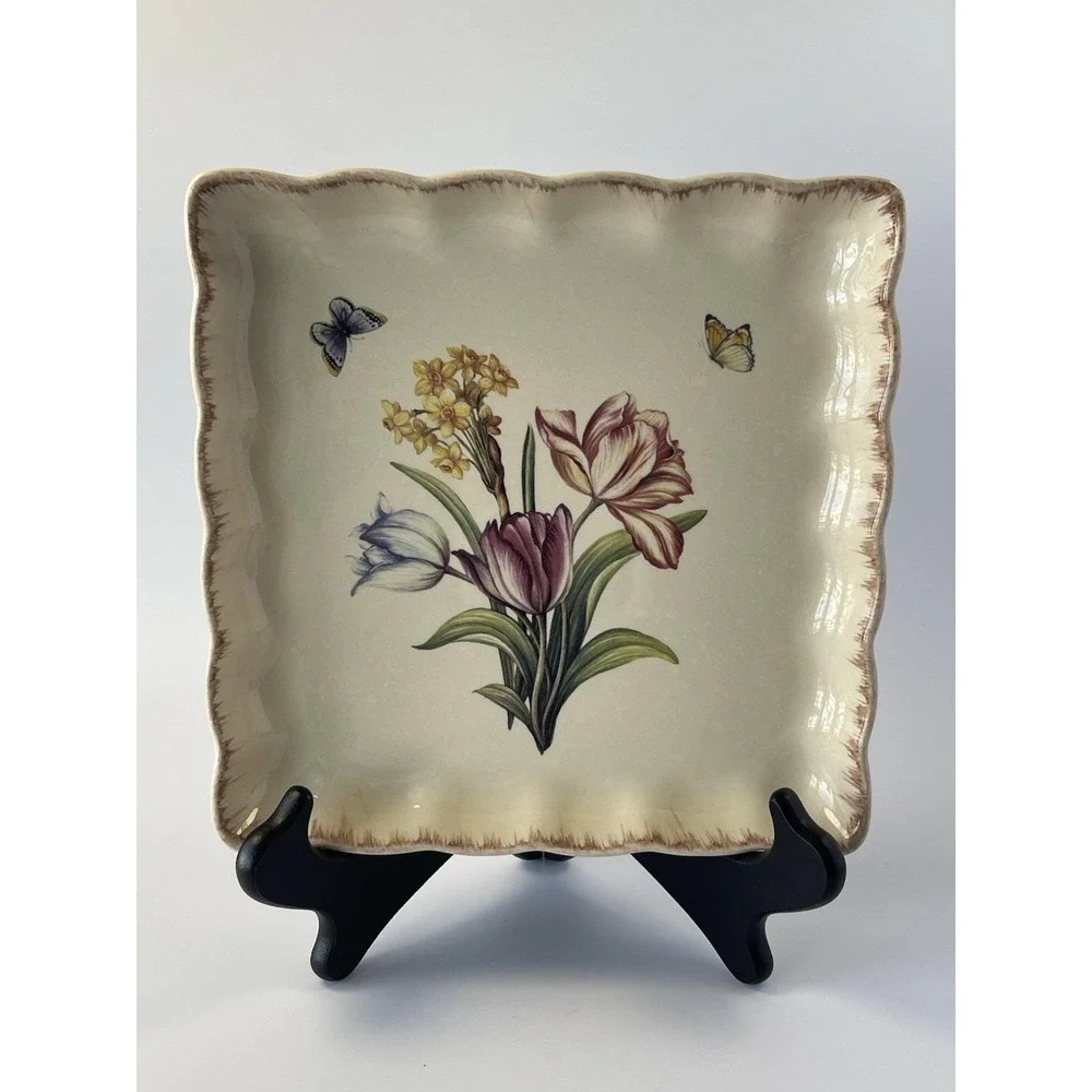 Flowers and Butterflies Square Tray Dish Tablescape 8.25